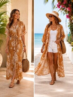 Rust Floral Maxi Dress & Duster - Lightweight Beach Cover-Up
